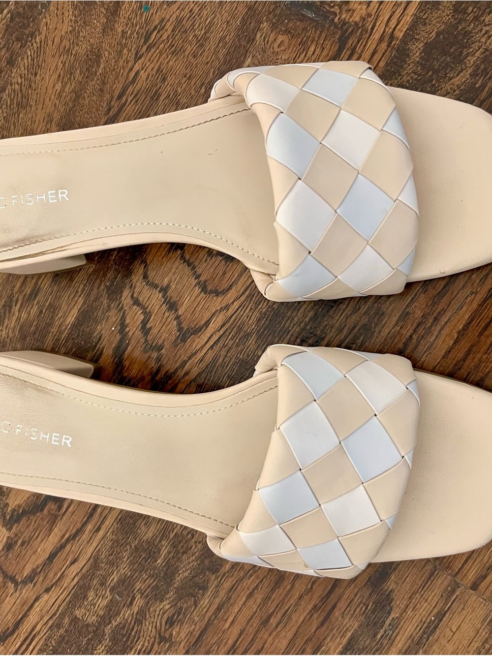 Marc Fisher Beige White Woven Slide Sandals